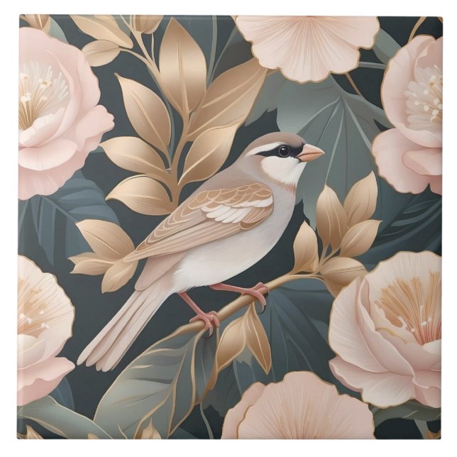 Azulejo Elegante Sparrow Dusty Floral rosa y dorada (Frente)