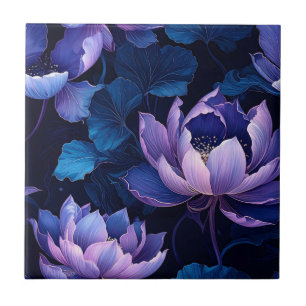 Azulejo Elegante Tile De Patrón Floral Oscuro Lotus