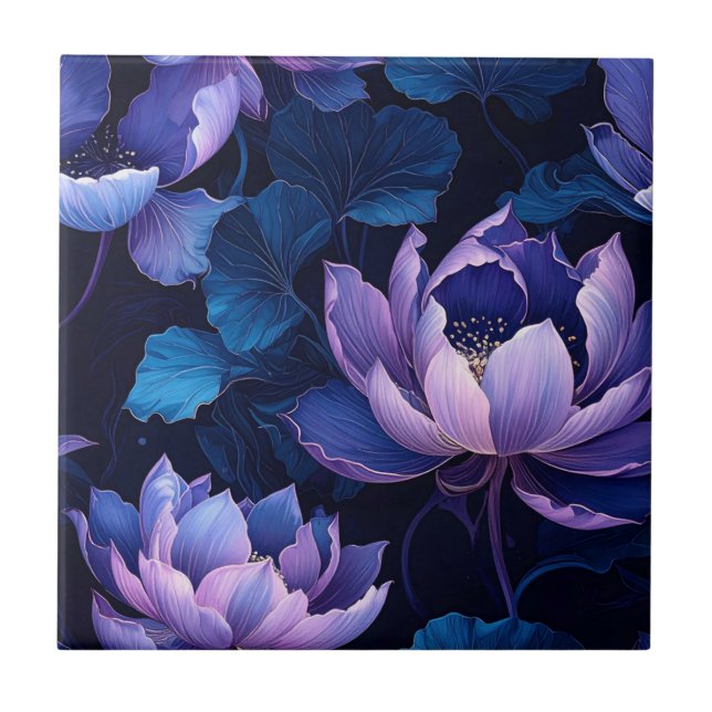 Azulejo Elegante Tile De Patrón Floral Oscuro Lotus (Frente)