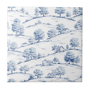 Azulejo Elegante Toile Azul Escenas Pastorales Francesas V