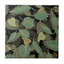 Azulejo Elegante Trendy Fall Green Leaves Autumn Black
