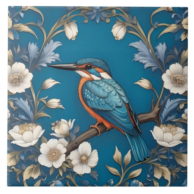 Azulejo Elegante Turquoise Kingfisher Bird Floral (Frente)