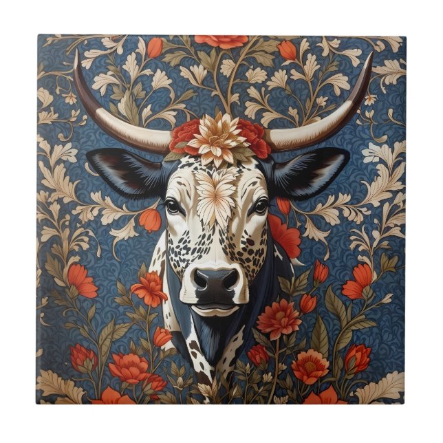 Azulejo Elegante Vaca Nguni Inspirada por William Morris (Frente)