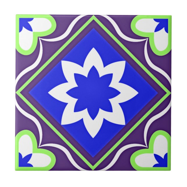Azulejo Elegante Verde Azul Ornamental Blanco Púrpura (Frente)