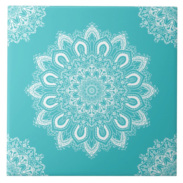 Azulejo Elegante Verde azulado Blue Aqua Boho Moda Mandala (Frente)