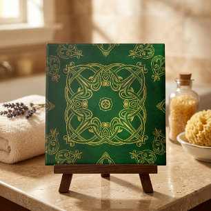 Azulejo Elegante Verde Esmeralda Dorado Nudo Celta Damask