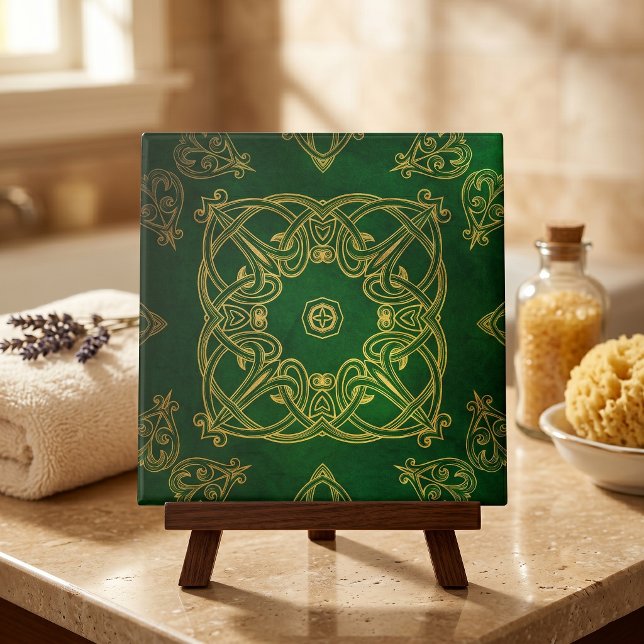 Azulejo Elegante Verde Esmeralda Dorado Nudo Celta Damask (Subido por el creador)