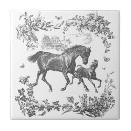 Azulejo Elegante Vintage Caballos Florales en Blanco y Neg