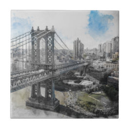 Azulejo Elegante Watercolor Brooklyn Bridge NYC