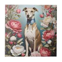 Elegante Whippet Pink Peony Flores fondo azul