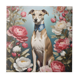 Azulejo Elegante Whippet Pink Peony Flores fondo azul