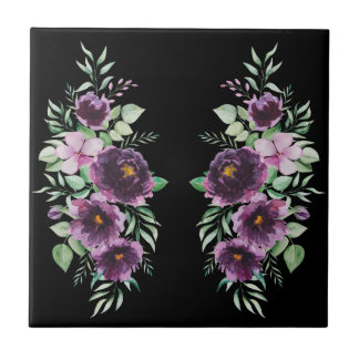 Azulejo Elegante wisteria floral negra acuarela púrpura