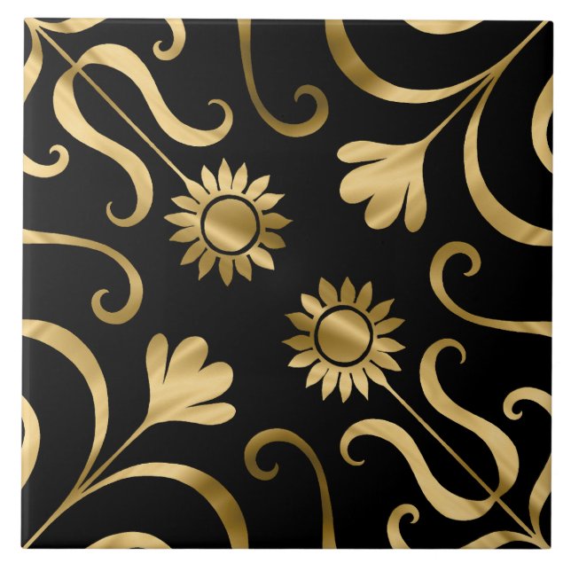 Azulejo Elegante y elegante Damasco floral de oro negro gi (Frente)
