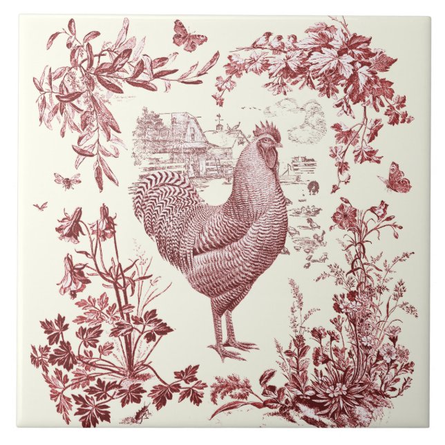 Azulejo Elegante Y Elegante Tela Rooster Rojo Floral (Frente)