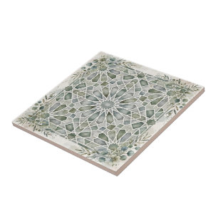 Azulejo Elegante Zellij Marroquí en Verde Salvia Acuarela