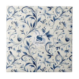 Azulejo Elegantes hojas de paisley azul - fondo blanco (2)