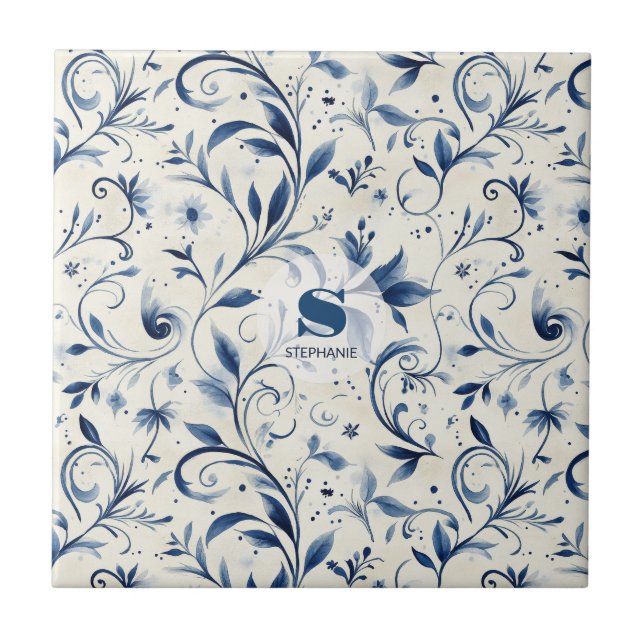 Azulejo Elegantes hojas de paisley azul - fondo blanco (2) (Frente)