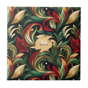 Azulejo Elegantes hojas de paisley rojas, verdes y doradas