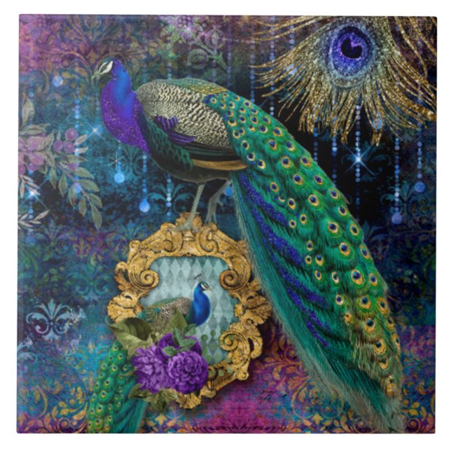 Azulejo Elegantes Peacocks con Feathers Purpurina Vintage (Frente)