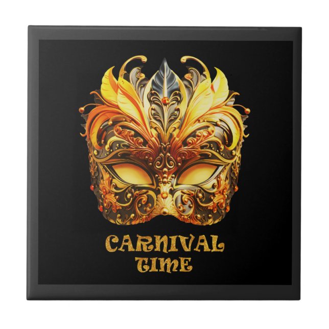 Azulejo Elegantes plumas doradas máscara veneciana (Frente)