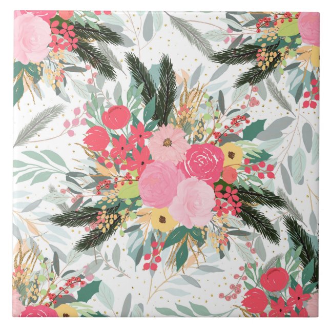 Azulejo Elegantes Purpurinas blancos florales y dorados (Frente)