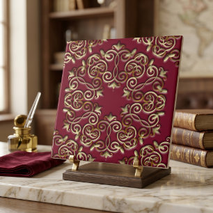 Azulejo Elegantes remolinos y curvas doradas sobre rojo bu