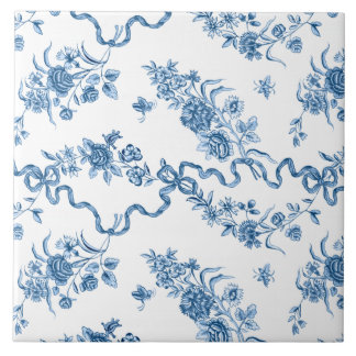 Azulejo Elegantes Rosas azules grabados de época y cintas