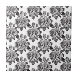 Azulejo Elegantes Rosas Blancas y Negras Amante de las Flo