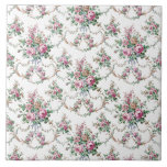 Azulejo Elegantes Rosas de época e intercambiadores<br><div class="desc">Patrón floral clásico con pulverizadores y guirnaldas de rosas rosados y dorados y flores mixtas,  hojas verdes,  cintas azules y pantanos dorados ornamentales sobre un fondo blanco.</div>