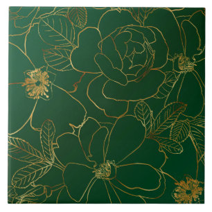 Azulejo Elegantes Rosas de oro Dibujo Floral Diseño Verde