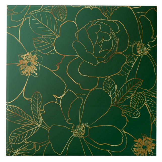 Azulejo Elegantes Rosas del Oro Verde Dibujo de Línea Flor (Frente)