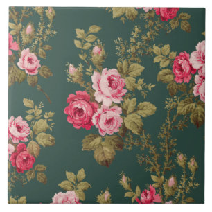 Azulejo Elegantes rosas rosadas de época con fondo verde