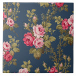 Azulejo Elegantes rosas rosadas de época en fondo azul<br><div class="desc">Fantásticas rociadas de elegantes rosas rosadas y frondosas hojas verdes sobre fondo azul oscuro. El patrón no tiene inconvenientes y se puede cambiar de tamaño hacia arriba o hacia abajo utilizando los botones de escala   y - de la herramienta de diseño.</div>