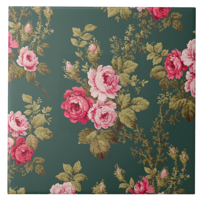 Azulejo Elegantes rosas rosadas de época sobre fondo verde (Frente)