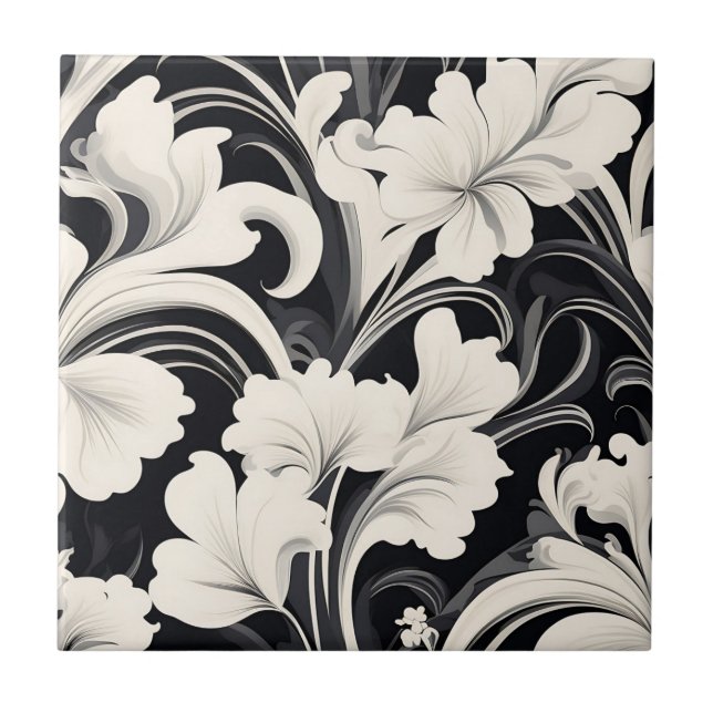 Azulejo Elegantes Swils Floral en blanco y negro (Frente)