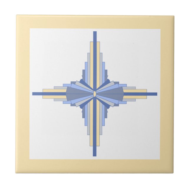 Azulejo Elementos Art Deco de cerámica azul crema y ceniza (Frente)