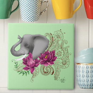 Azulejo Elephant Henna Lotus Flowers
