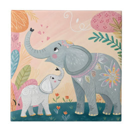 Azulejo Elephant Mom and Baby