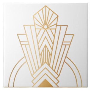 Azulejo Emblema de ráfaga de sol Art Déco de oro y negro d