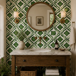 Azulejo Emerald Garden Watercolor Green Geometric Mosaic 