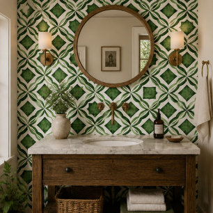 Azulejo Emerald Garden Watercolor Green Geometric Mosaic 