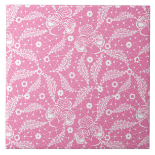 Azulejo Encaje floral blanco sobre fondo rosa