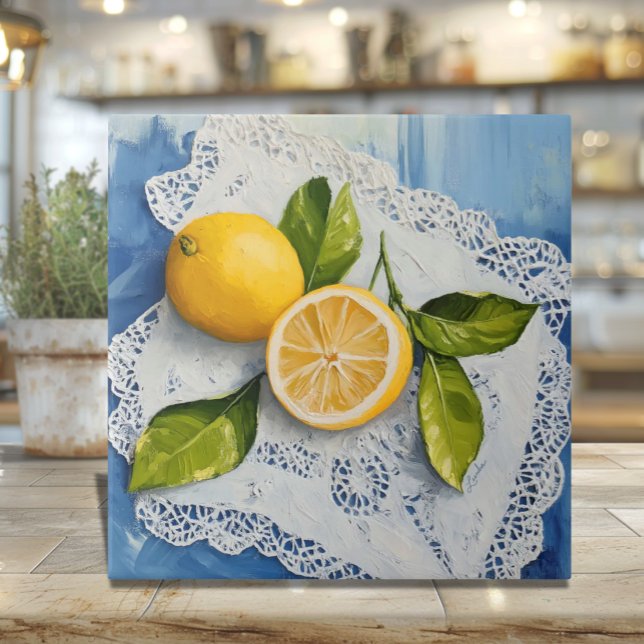Azulejo Encaje y limones italianos de Nonna (Nonna's Lace and Lemons Ceramic Trivet - Italian nostalgia and heritage gift)