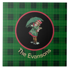 Azulejo Encantador Chica Vintage con paraguas en verde