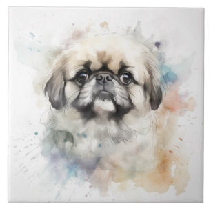 Azulejo Encantador retrato en acuarela de perro pequinés