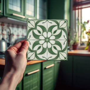 Azulejo Encantador Verde Esmeralda Floral Simétrico