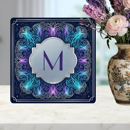 Azulejo Enchanting  Monogram Teal Purple Swirls Decorative