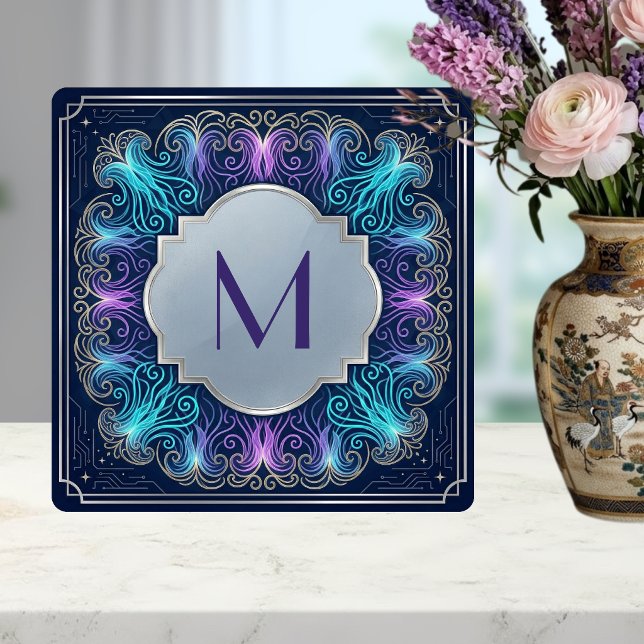 Azulejo Enchanting  Monogram Teal Purple Swirls Decorative (Subido por el creador)