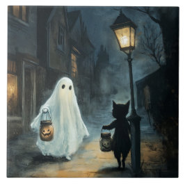 Azulejo Encuentro de Fantasma y Gato de Halloween