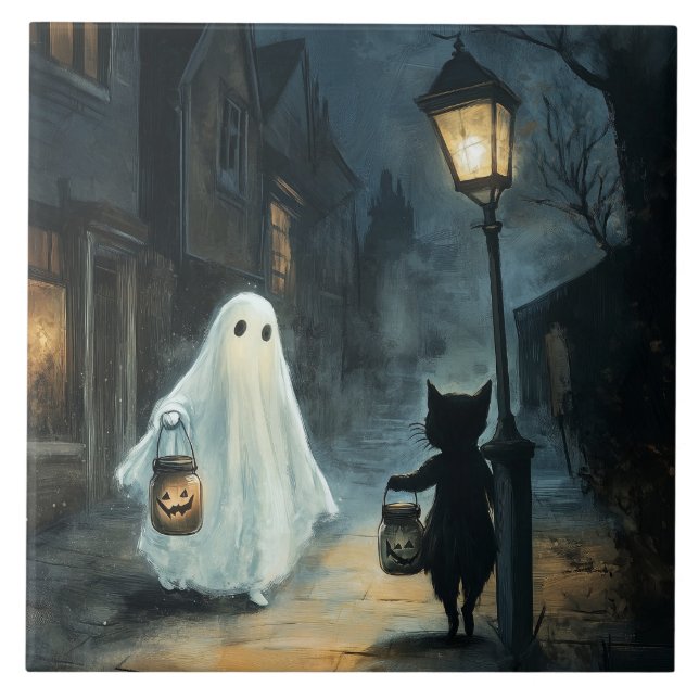 Azulejo Encuentro de Fantasma y Gato de Halloween (Frente)
